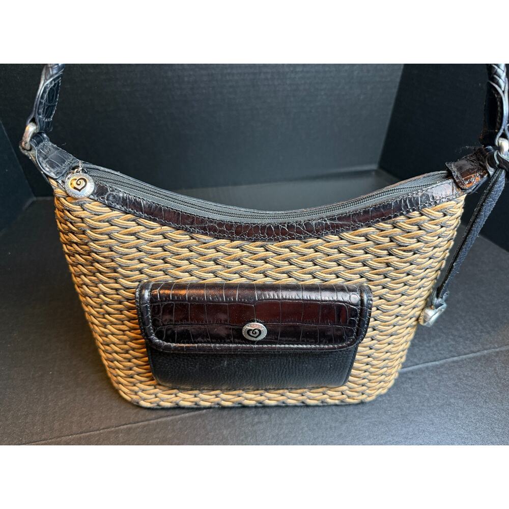 BRIGHTON Edna Woven Straw Wicker Natural Tan Brown Leather Handbag Purse - Picture 2 of 13